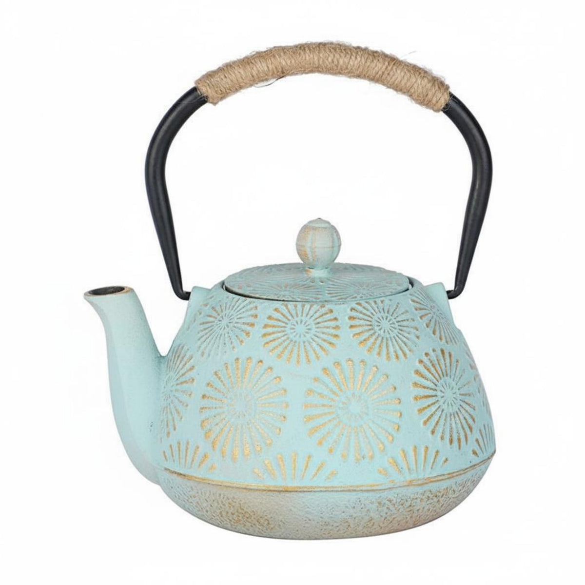 Cast Iron Teapot Rope Wrapped Handle Floral Relief Teapot Gold Rim