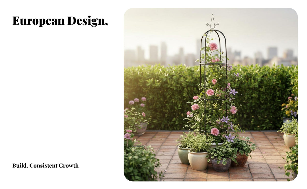 European Design Wrought Iron Flower Stand Weather Resistant Flower Obelisk Support Sturdy Metal Flower Trellis Decorative for Gardeners, Homeowners, Balcony, Outdoor, Patio, Indoor