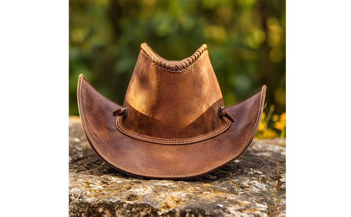 Wide-Brimmed Cowboy Hat with Chin Cord Whipstitched Cowboy Hat Structured Headwear Rugged for Riders, Trail Riding, Festivals