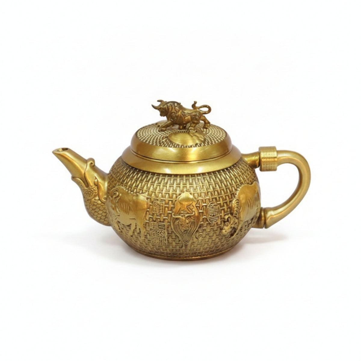 Handcrafted Gold Teapot Figurine Woven Texture Brass Teapot Ornament Home Decor for Office Display
