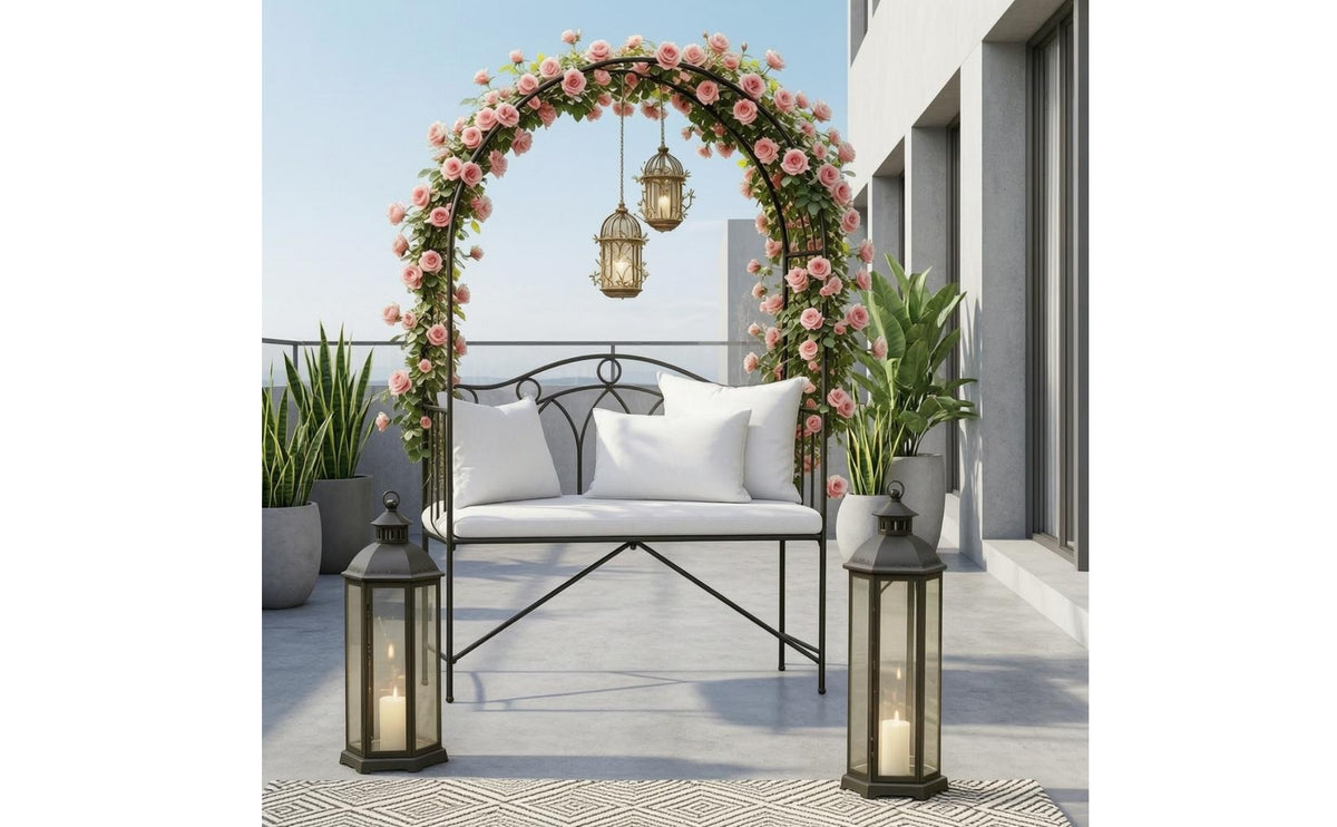 Trellis Bench Arched Frame Metal Garden Bench Curved Backrest Two Seat Garden Chair