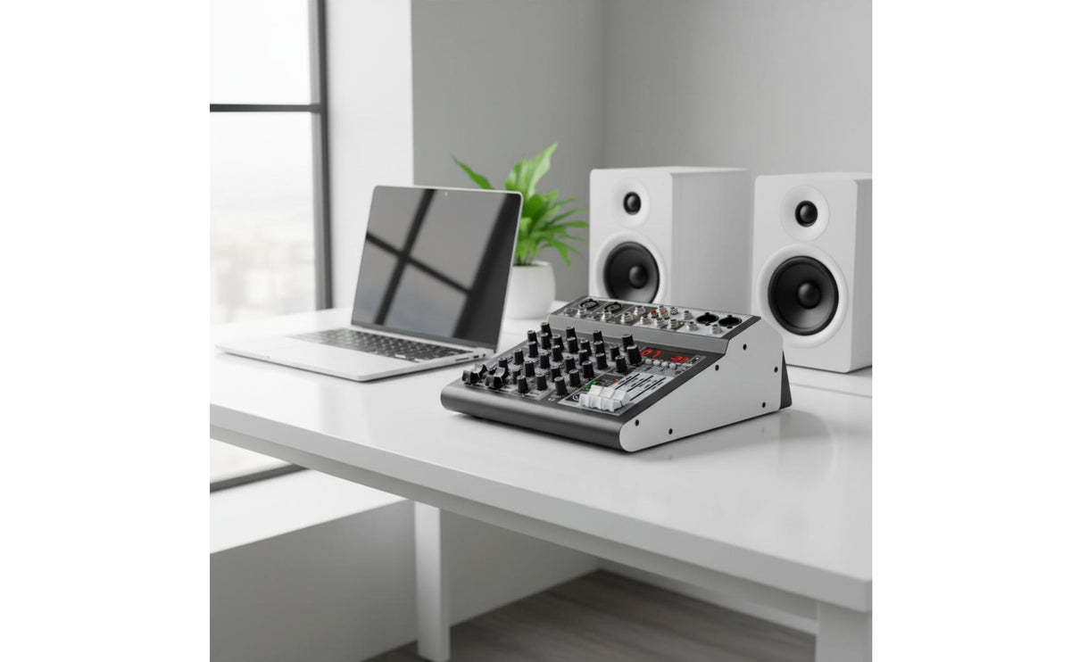 Compact 4-Channel Mixer Portable Sound Mixer with USB Interface 3-Band EQ Mixing Console with Bluetooth Digital for Streamers, Podcasters, Vocalists, Home Studio, Live Broadcasting, Karaoke