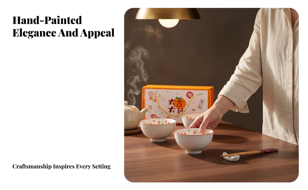 Chinese Ceramic Bowl Set, Auspicious Floral Tableware, Gift Box for Housewarming, Wedding, Business