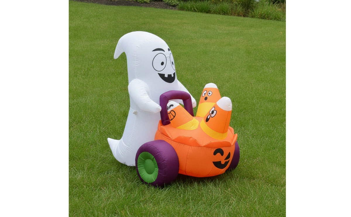 Outdoor Inflatable Ghost with Pumpkin Cart Inflatable Ghost with Cart Weather-Resistant Yard Decoration Waterproof for Lawn