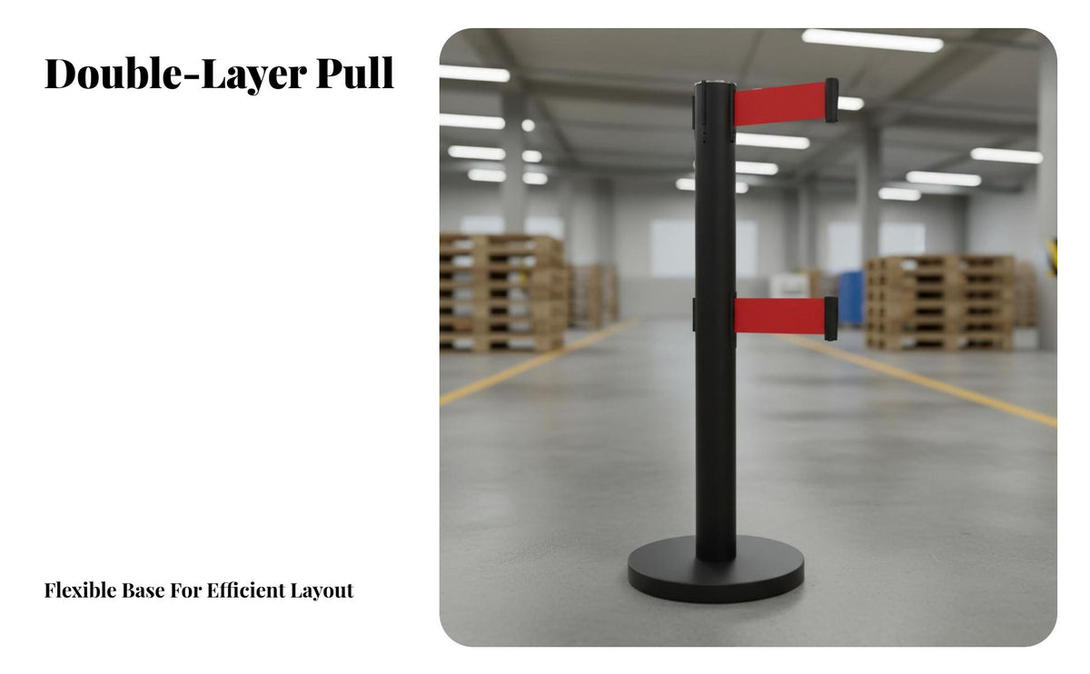 Heavy-Duty Base Double Belt Stanchion Long-Lasting Construction Retractable Belt Stanchion Versatile Use Stainless Steel Queue Pole Easy Installation for Event Organizers, Venue Managers, Business Owners, Exhibition Halls, Airports, Trade Exhibition S