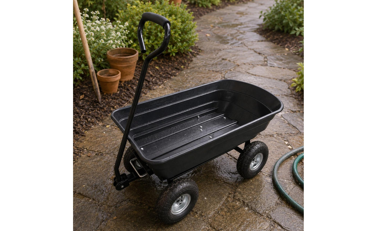 Garden Dump Cart Pneumatic-Style Wheels 4-Wheel Utility Cart Metal Frame Utility Wagon for Gardeners, Homeowners