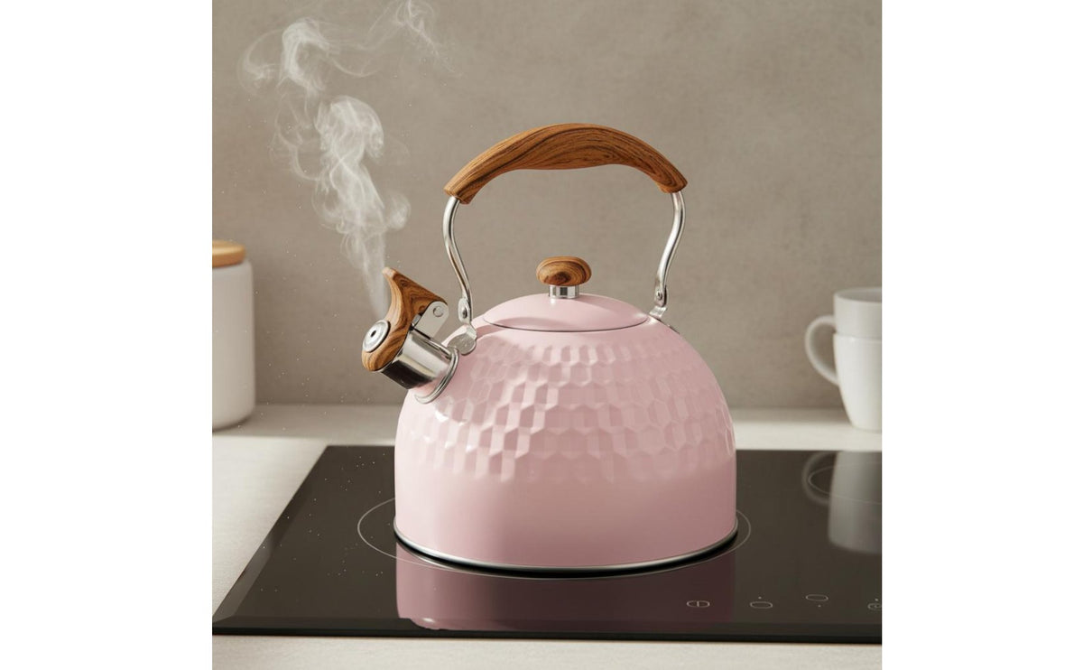 Hammered Whistling Kettle Resistant Tea Kettle with Wood-Grain Handle Fast-Heating for Stovetop, Kitchen