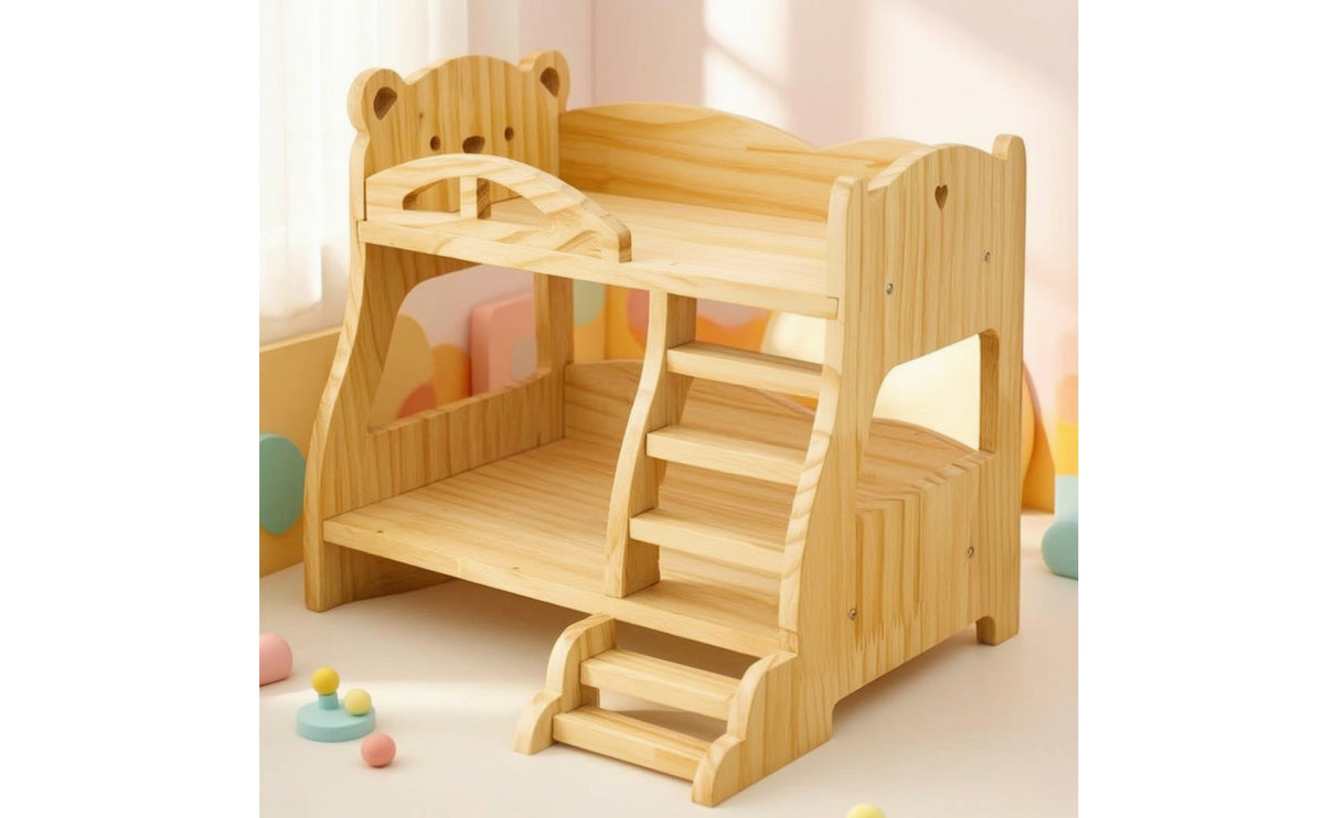 Doll Bed with Stairs Rounded Corners Dollhouse Bunk Bed Furniture for Young Children, Pretend Play