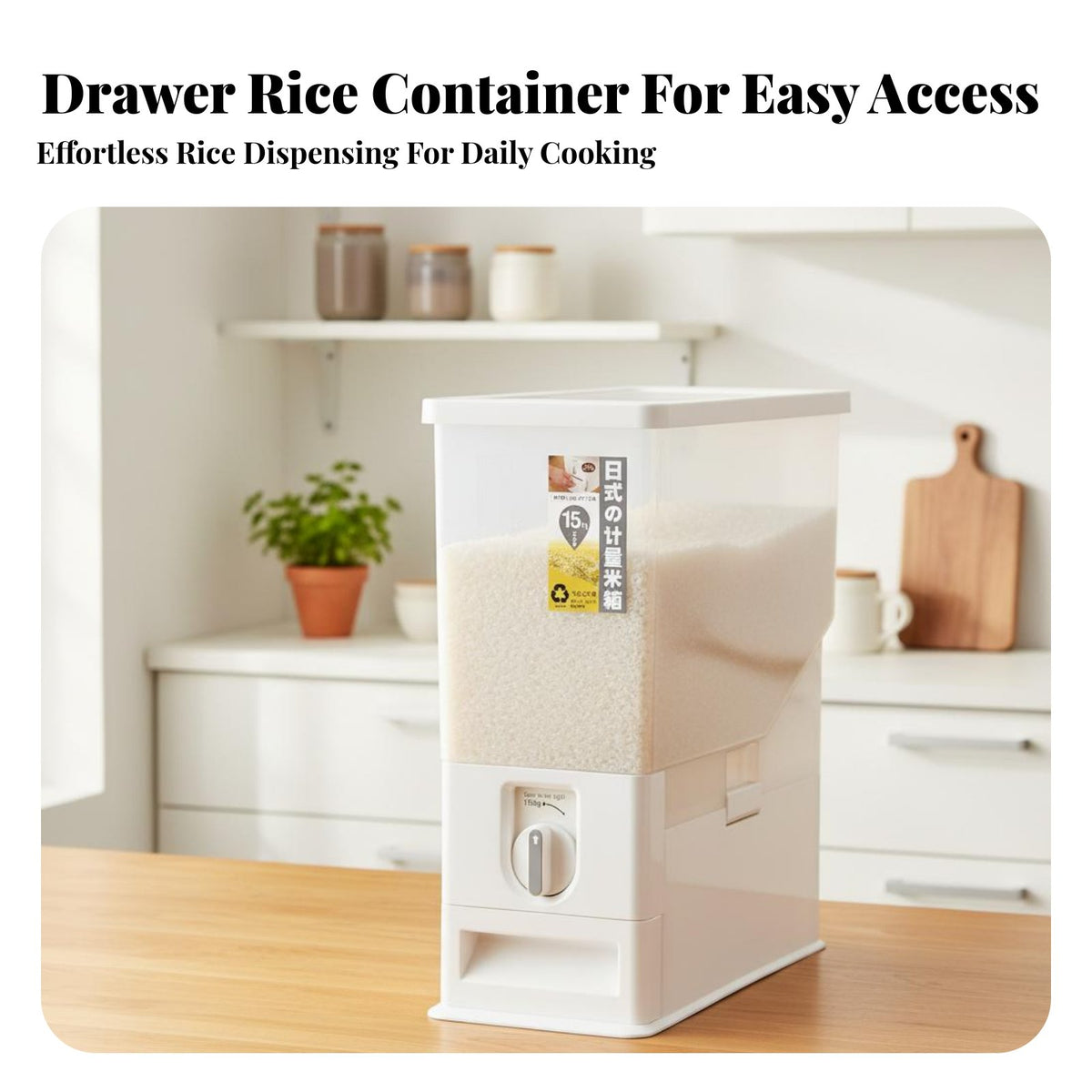 Airtight Seal 15kg Rice Storage Container Large Capacity Measuring Rice Bin with Drawer Single-Press Dispensing for Kitchen