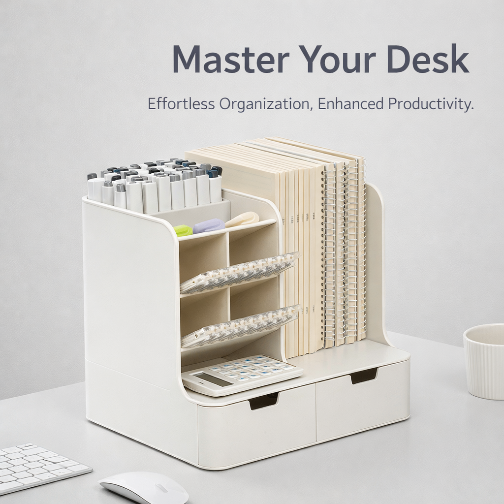 Desktop Organiser with Drawers, Large Capacity Drawer Style for Office, Desk Storage Box with Pen Holder and Compartments