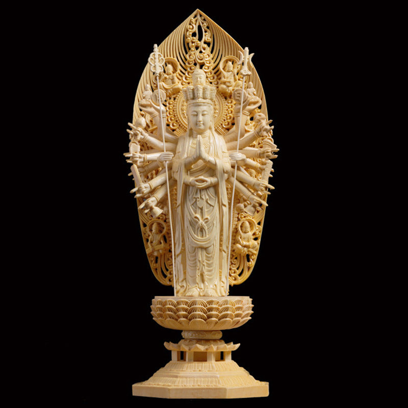 Boxwood Cypress Carved Standing Thousand-Hand Guanyin Bodhisattva Statue Ornament