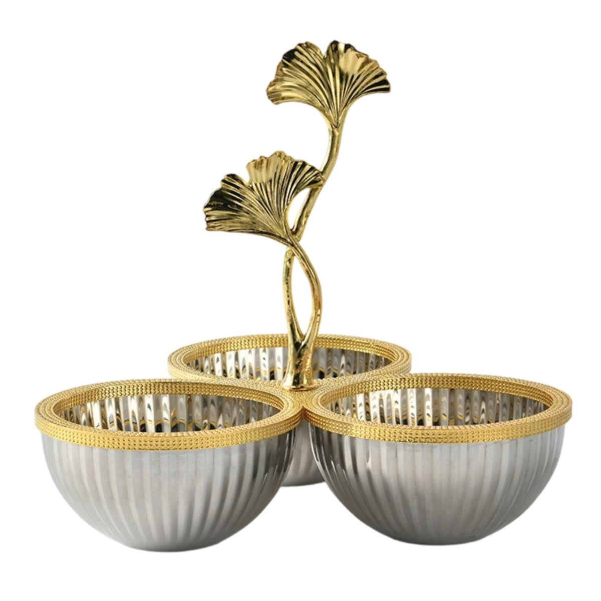 Tabletop Dish with Ginkgo Foliage & goldenTone Snack Bowl with Leaf Topper Ribbed for Home Entertaining