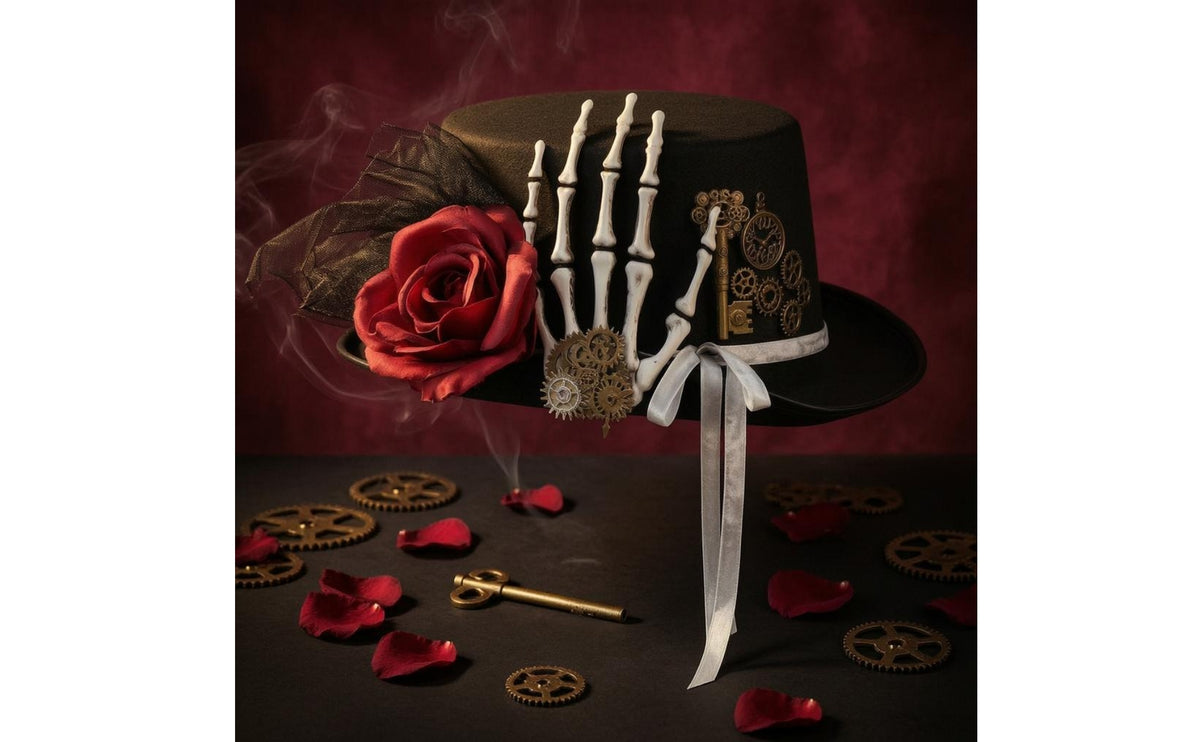 Skeleton Hand Gothic Steampunk Hat Gear Accents Gothic Top Hat Textile Rose Costume Accessory