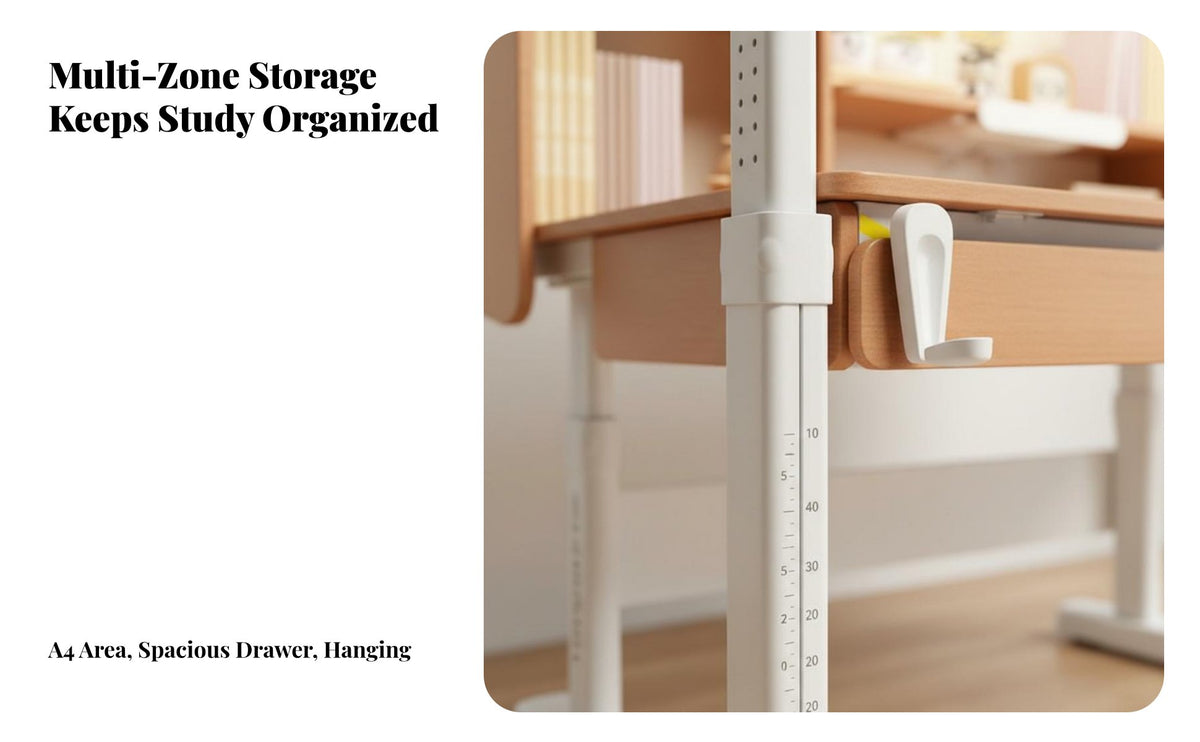 Anti-Pinch Safety Design Height Adjustable Kids Desk Set Safe & Long-Lasting Kids Desk and Chair Set Storage Drawer Solid Wood children's Writing Table Widened Desktop for Students, Boys, Girls, Homework, Homeschooling, Reading, Playroom