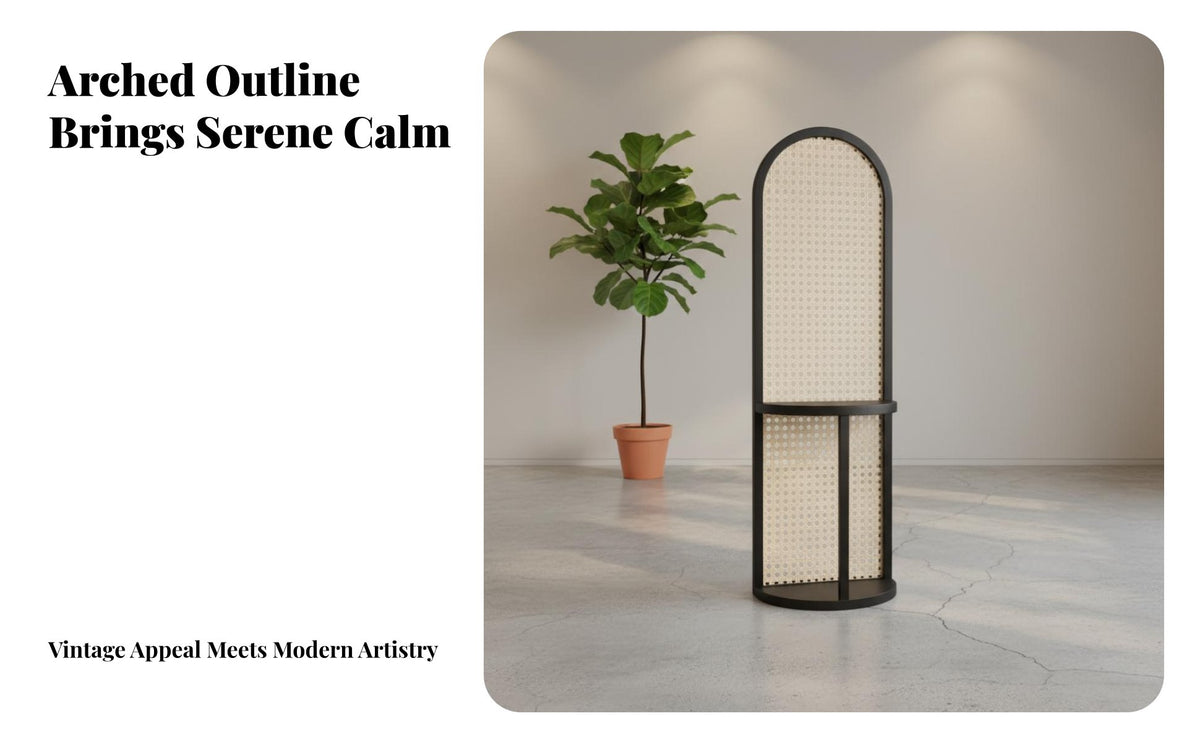 Freestanding Design Arched Woven Divider with Shelf Portable Arched Rattan Partition Japandi Design Privacy Screen Light-Filtering for Apartment Dwellers, Homeowners, Renters, Living Room, Entryway, Bedroom, Away Ice