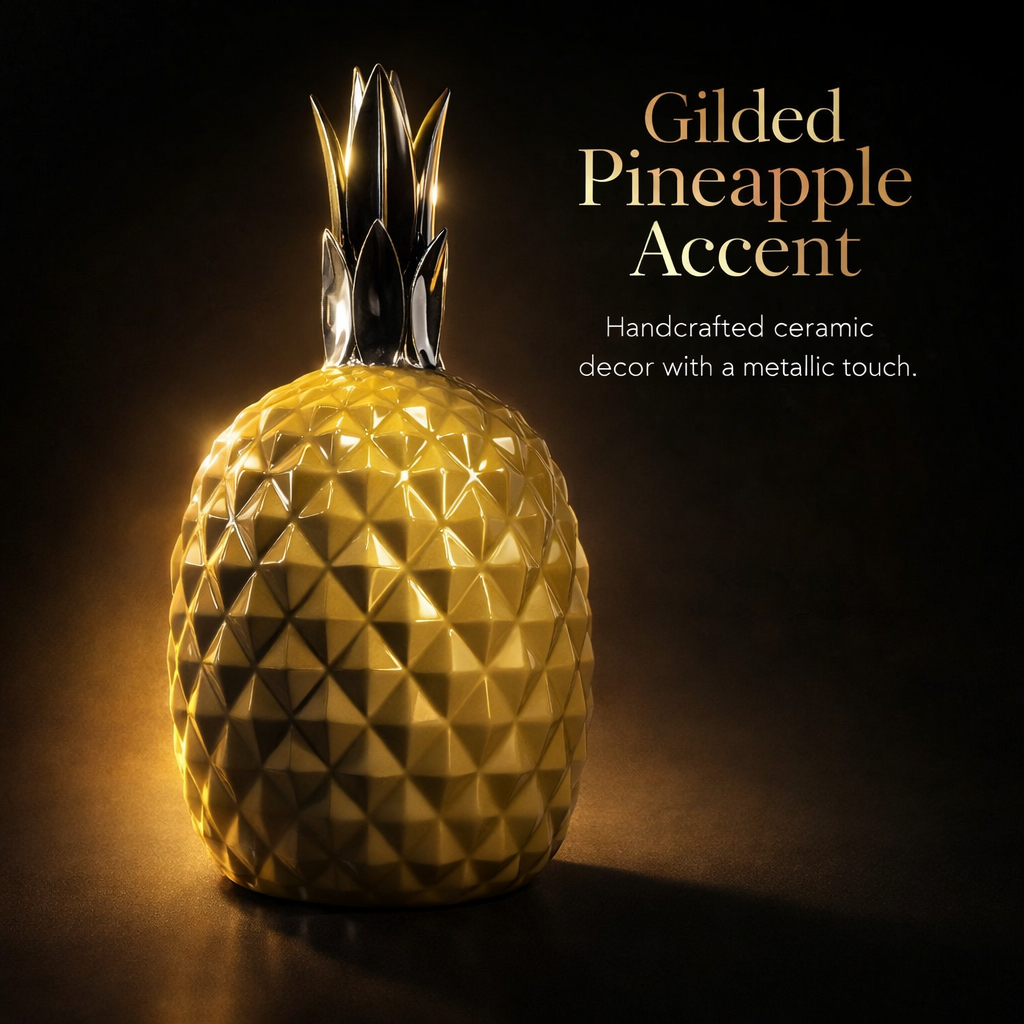 Home Decoration Ceramic Pineapple Figurine with Hand Painted Gold Finish, Living Room Decor Fruit Ornament for Tables and Shelves