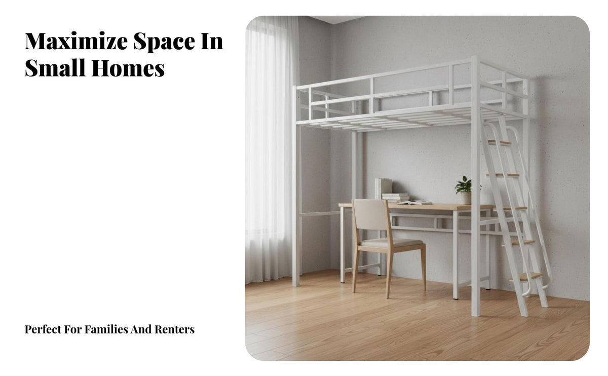 Metal Loft Bed Frame Modern Layout Plan-Saving Loft Bed Guardrail Bedroom Furniture for Adults, Teens, Small Apartment, Dorm Room, Study Area