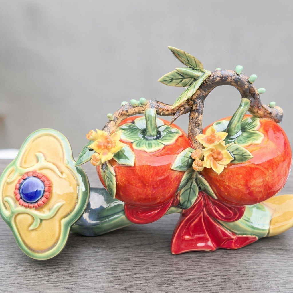Fruit Ornament Ceramic Figurine with Gourd Design for Entryway Decor, Glazed Pottery Decoration for Cabinet Display, Large Size