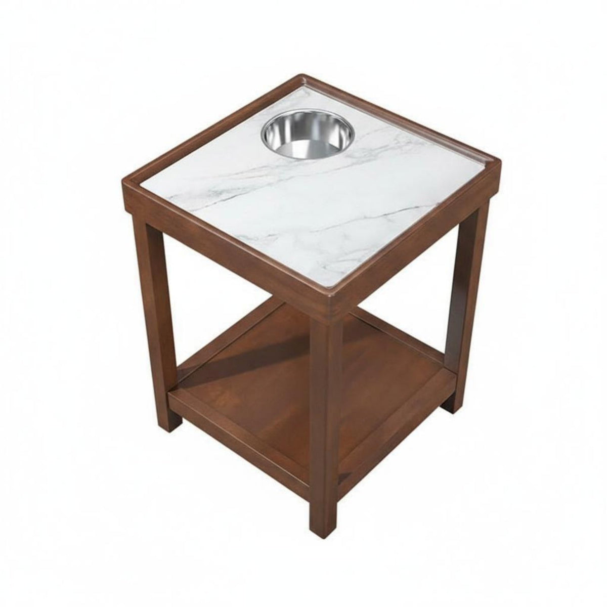 Marble Pattern Top Beverage Stand with Container Insert Sturdy Construction Tea Table Two-Tier Design Small Furniture for Mahjong Players, Homeowners, Game Room, Lounge