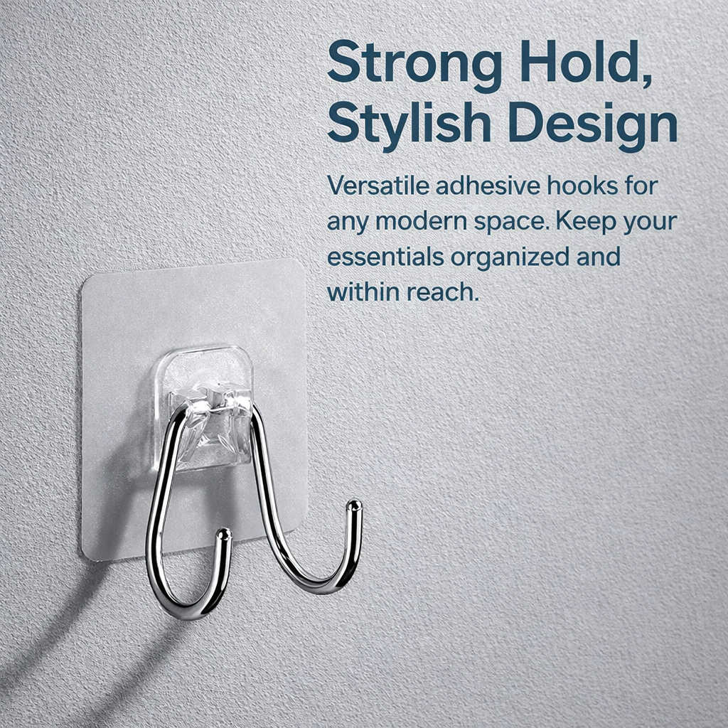 Stainless Steel Adhesive Hooks 2 Pack, Strong Adhesive Double Hook for Kitchen, Hanging Hook for Loofah Hanger Tile Hooks for Shower