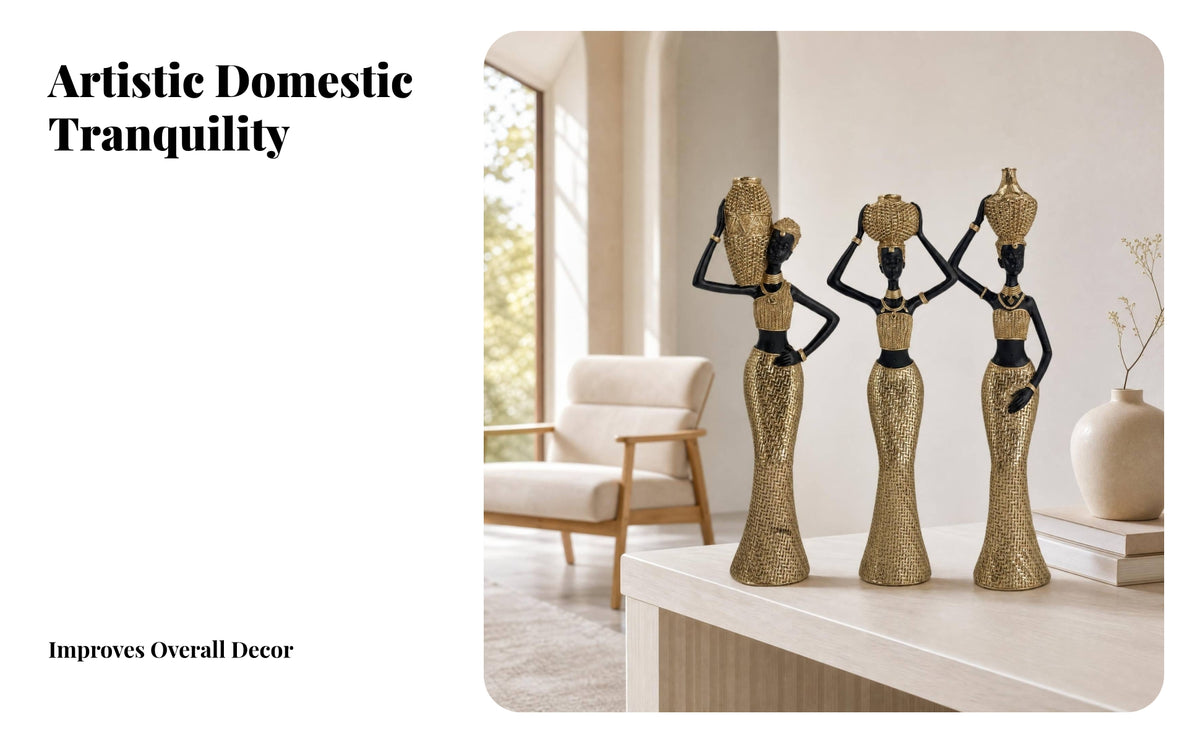 3 Pieces African Woman Sculpture Black and Gold Decorative Resin Figurines Fashion-Influenced Tabletop Art Pieces for Living Room, Entryway