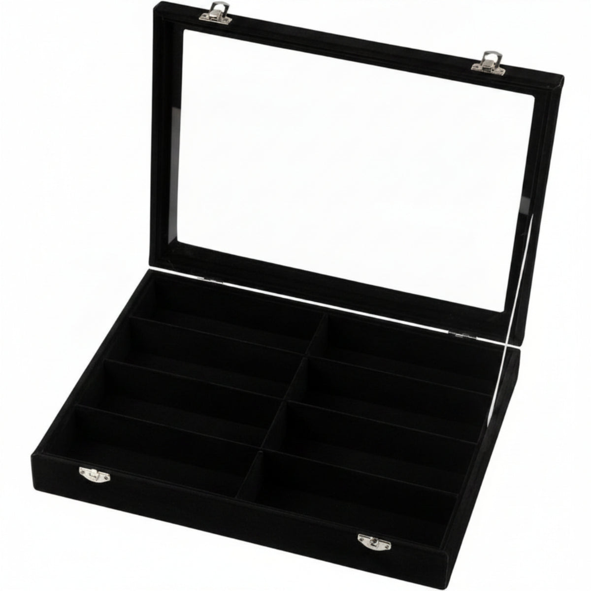 Divided Compartments 8 Slot Eyeglasses Box Metal Latch Glass Lid Glasses Box Rectangular Tray Velvet Lined Eyeglasses Case Slim Profile
