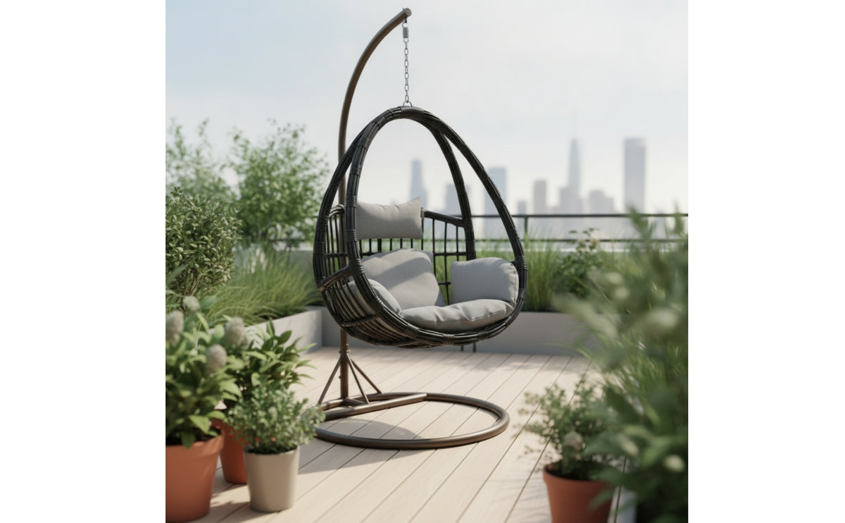 Hanging Basket Chair with Stand Freestanding Rattan Swing Chair with Stand Cushioned Furniture for Balcony, Living Room, Reading Corner
