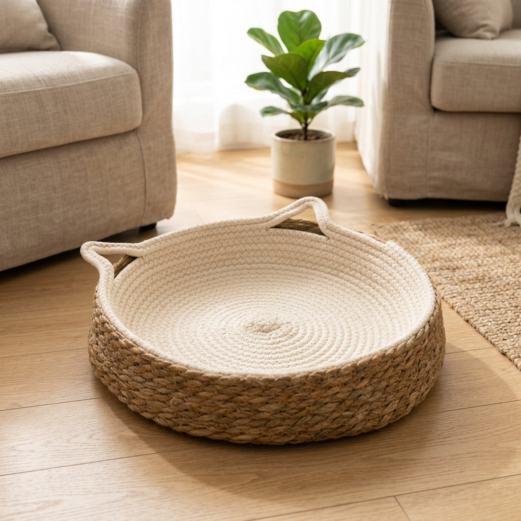 Woven Cat Bed Made of Grass Material, All Season Cat Bed for Indoor Cats, Open-top design for four seasons of versatile comfort