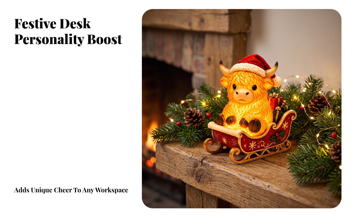 Christmas Scottish Cow Figurine | Warm Glowing Body, Compact 15 Cm Design, Christmas Scottish Cow Decoration, for Desk