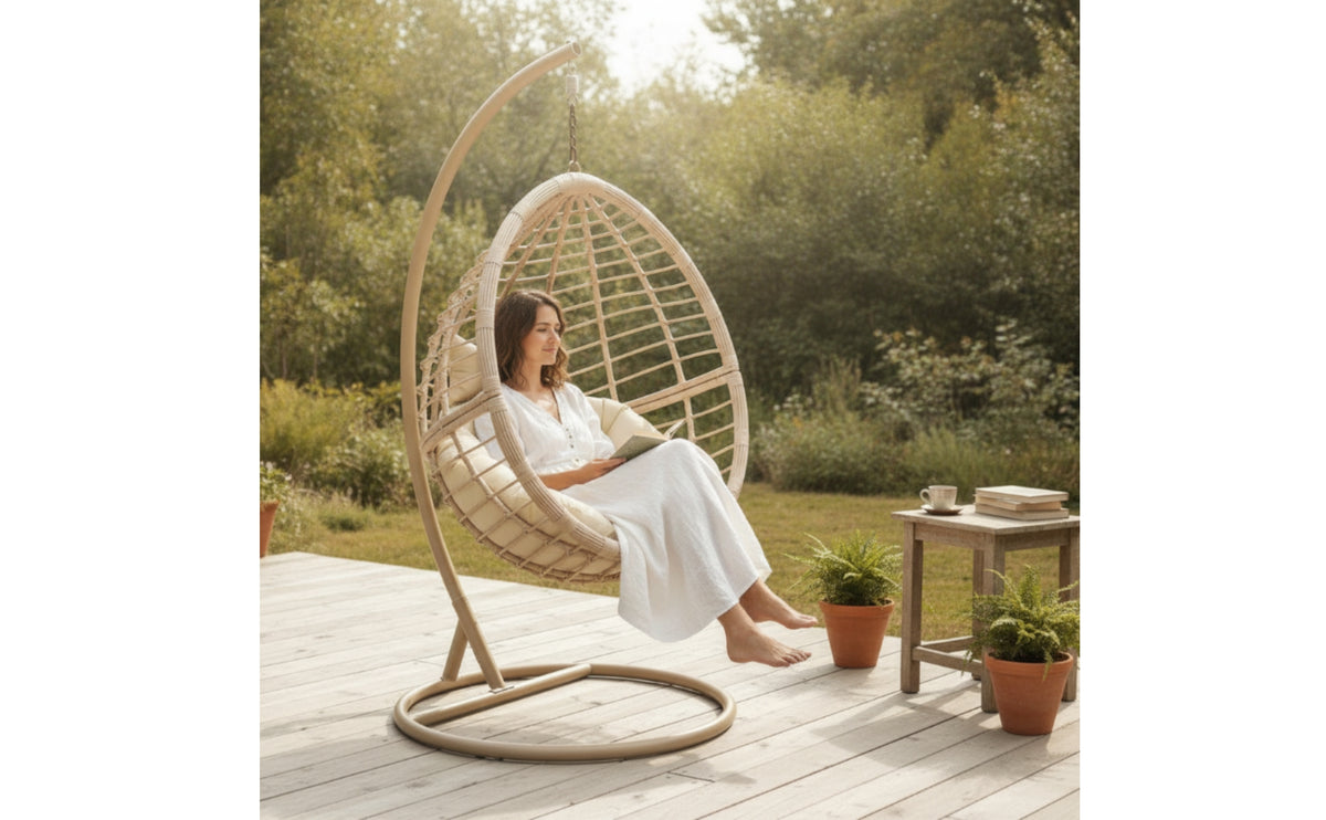 Rattan-Style Hanging Basket Chair with Stand Woven Hanging Chair with Stand Freestanding Furniture Sturdy for Balcony