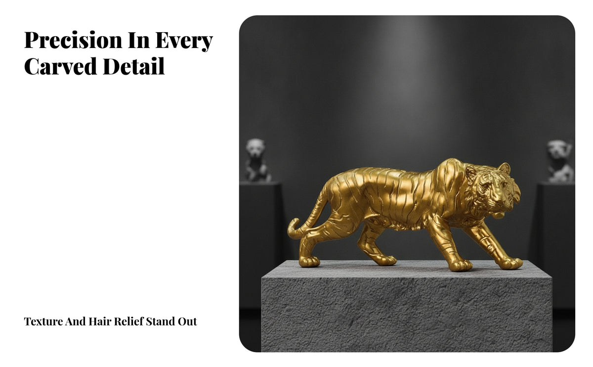 Wildlife-Themed Tiger Sculpture | Glossy shiny Finish, Carved Stripe Texture, Resin Tiger Statue, for Tabletop