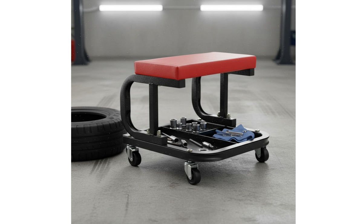 Rolling Garage Stool with Tool Tray Multifunctional Technician Roller Seat with Tool Tray 360-Degree Swivel Casters Padded Technician Roller Seat