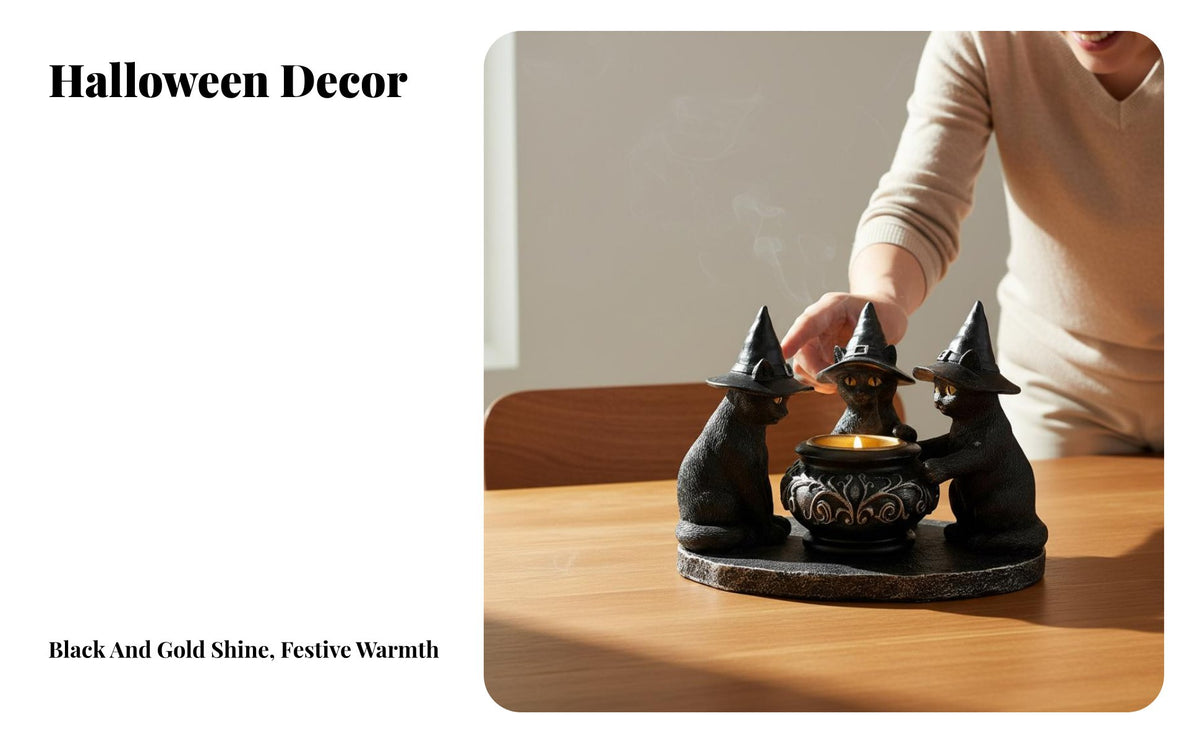 Witchy Design Witch Cats Tealight Holder Intricacy Ed Craftsmanship Three Kettle Statue Spooky Ambiance for Collectors, Shelf Decor