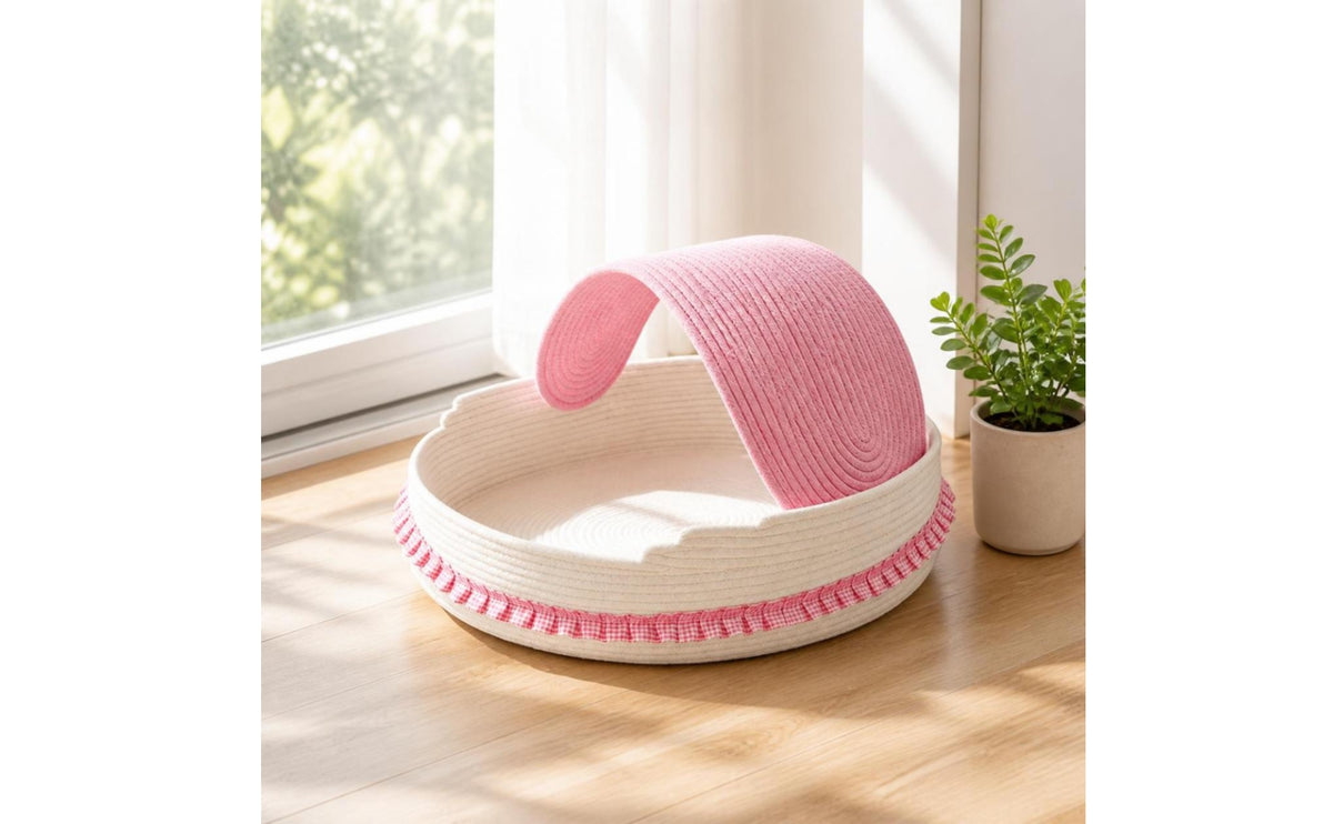 Semi-Enclosed Cotton Rope Cat Bed Handwoven Cat Bed with Canopy Handmade Cozy for Indoor Cats, Kittens, Living Room, Sunny Corner
