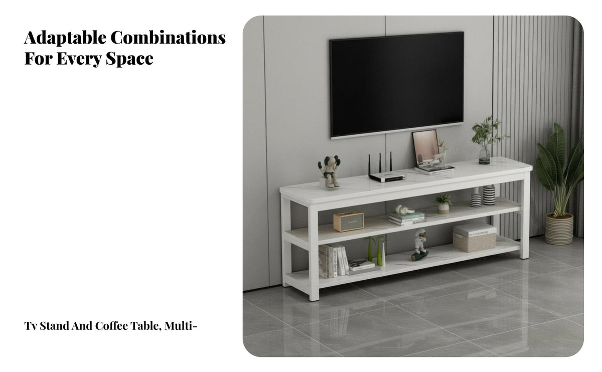 2 Pieces Rounded Corner Design TV Stand and Coffee Table Set Space-Saving TV Stand with Matching Tables Multitier Storage Living Room Furniture Adjustable Shelves for Apartment Dwellers, Families, Homeowners, Bedroom, Den