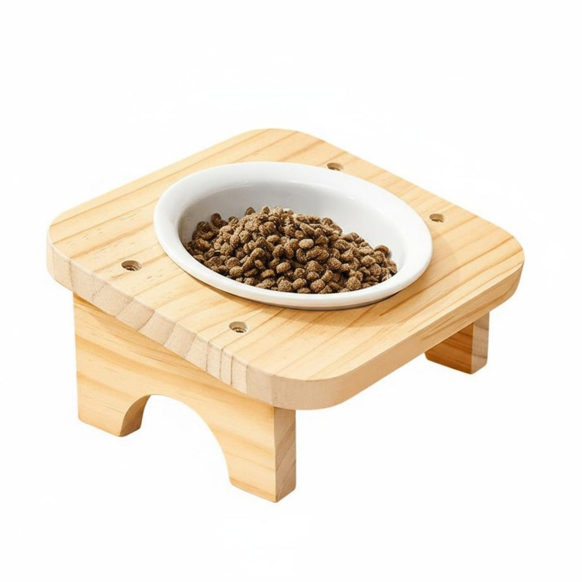 Anti-Tipping Triple Ceramic Pet Bowl with Wooden Stand Easy to Clean Elevated Cat Bowl Set Microwave Safe for Multiple Pets, Small Dogs