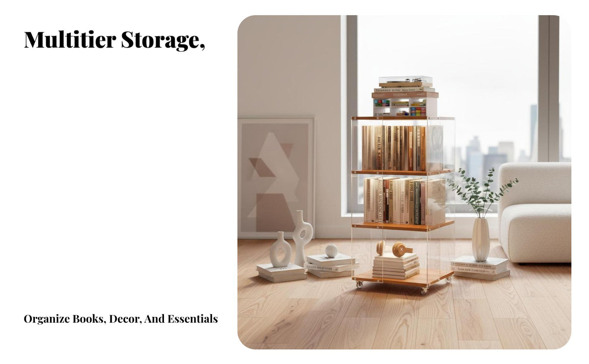 With Wheels Rolling Bookcase Mobile Design Multi-Tier Rolling Rack Transparent Panels Storage Shelf Space Saving for Collectors, Homeowners, Living Room, Bedroom, Small Areas, Classroom