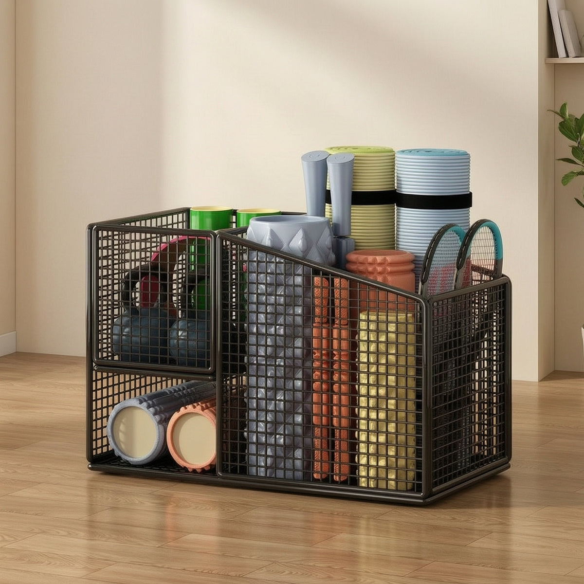 Exercise Mat Storage Rack Space-Saving Rolling Exercise Mat Cart Compact Metal Storage Rack with Wheels for Fitness Enthusiasts, Home Gym