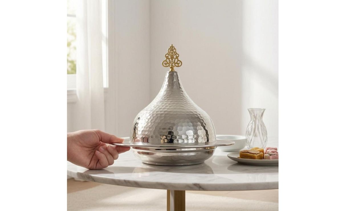 Gold-Tone Finial Hammered Metal Serving Cloche Shiny Domed Metal Cloche
