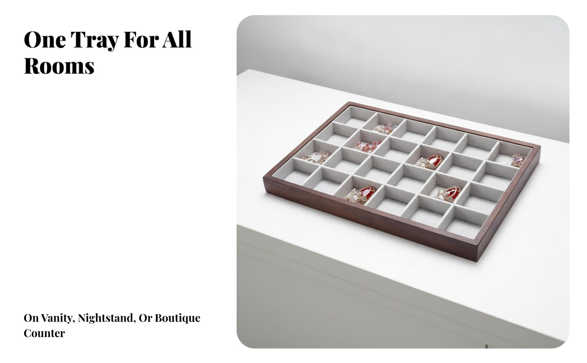Compact Compartment Jewelry Tray | Shallow Open-Top Structure, Jewelry Display Tray with 24 Compartments, Wood-Grain Outer Frame, for Vanity