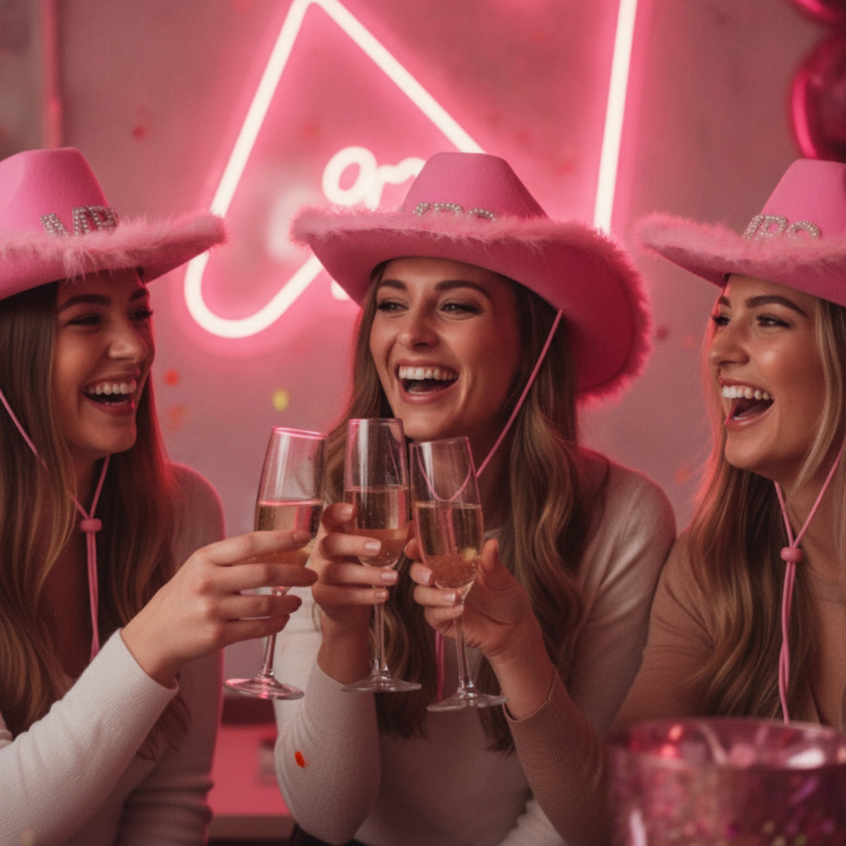 Pink Cowboy Hat with Feather Trim Rhinestone Cowgirl Hat with Feathers Felt-Like Wide-Brim for Bride, Women, Girls Night Out