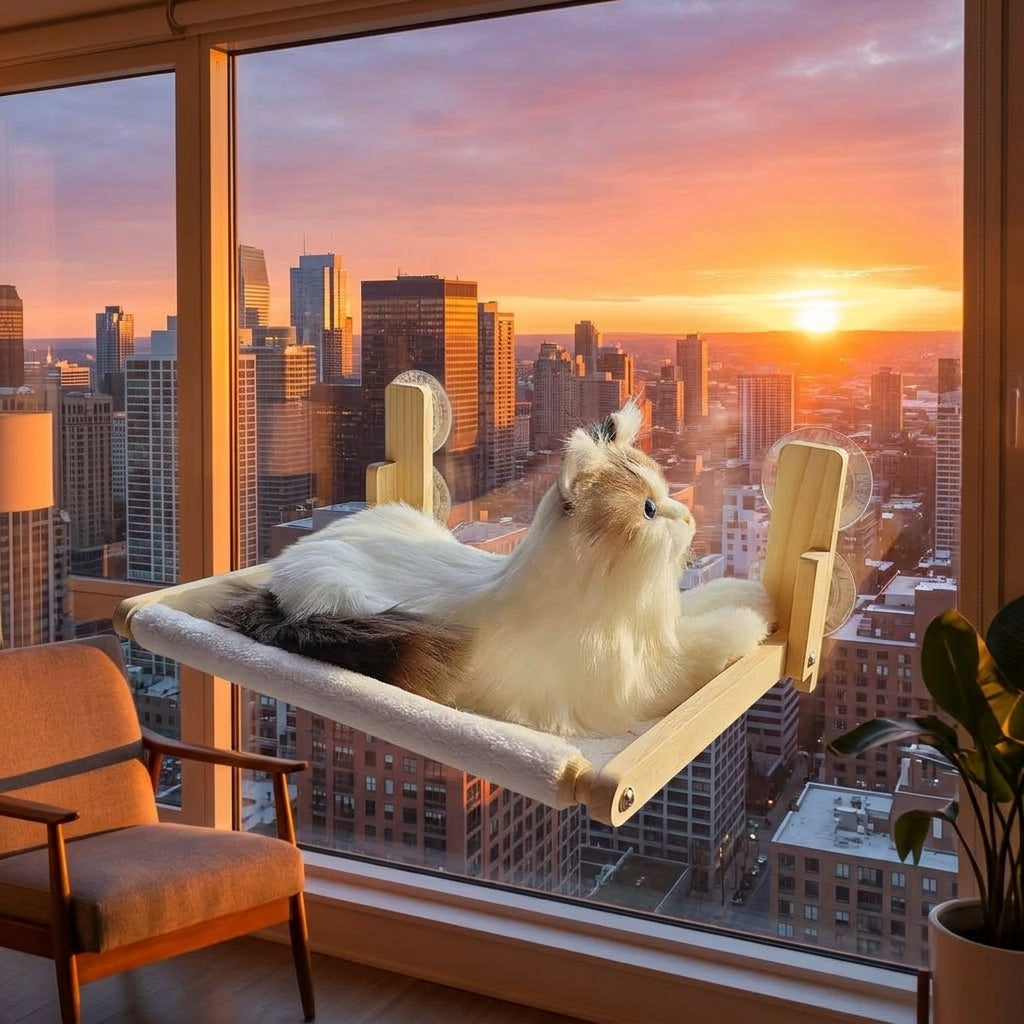 Window Perch Cat Hammock with Solid Wood Frame, Rectangular Window Cat Bed for Large Indoor Cats, Strong Suction Cup Cat Perch Space Saving Bed