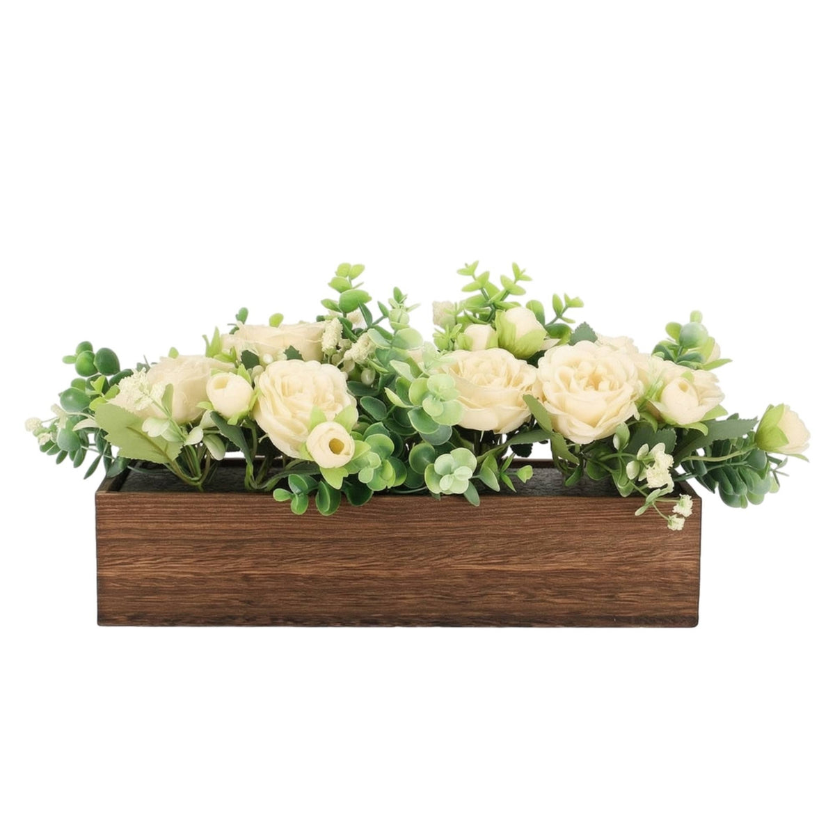 Faux Peony Centerpiece Decorative Fake Eucalyptus Centerpiece Realistic Flower Arrangement with Wooden Box for Dining Table