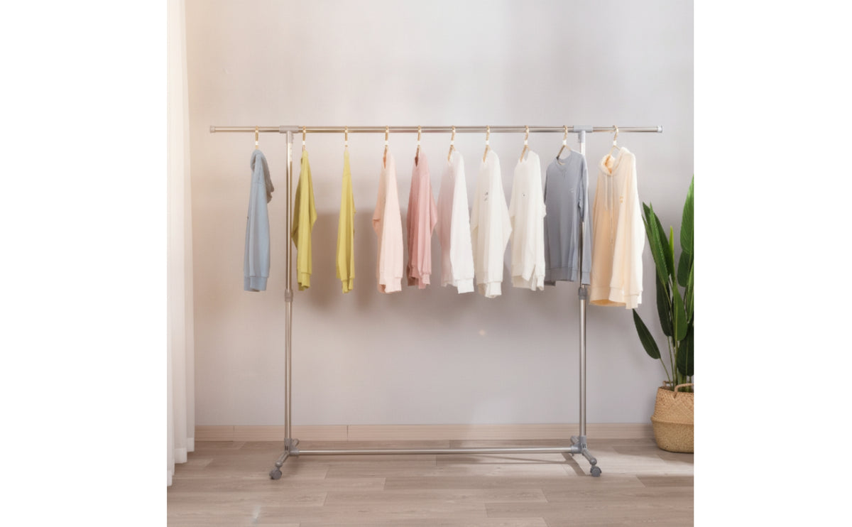 Adjustable Height Single Rod Clothes Rack Extendable Rolling Clothes Rack Space-Saving Heavy Duty for Balcony