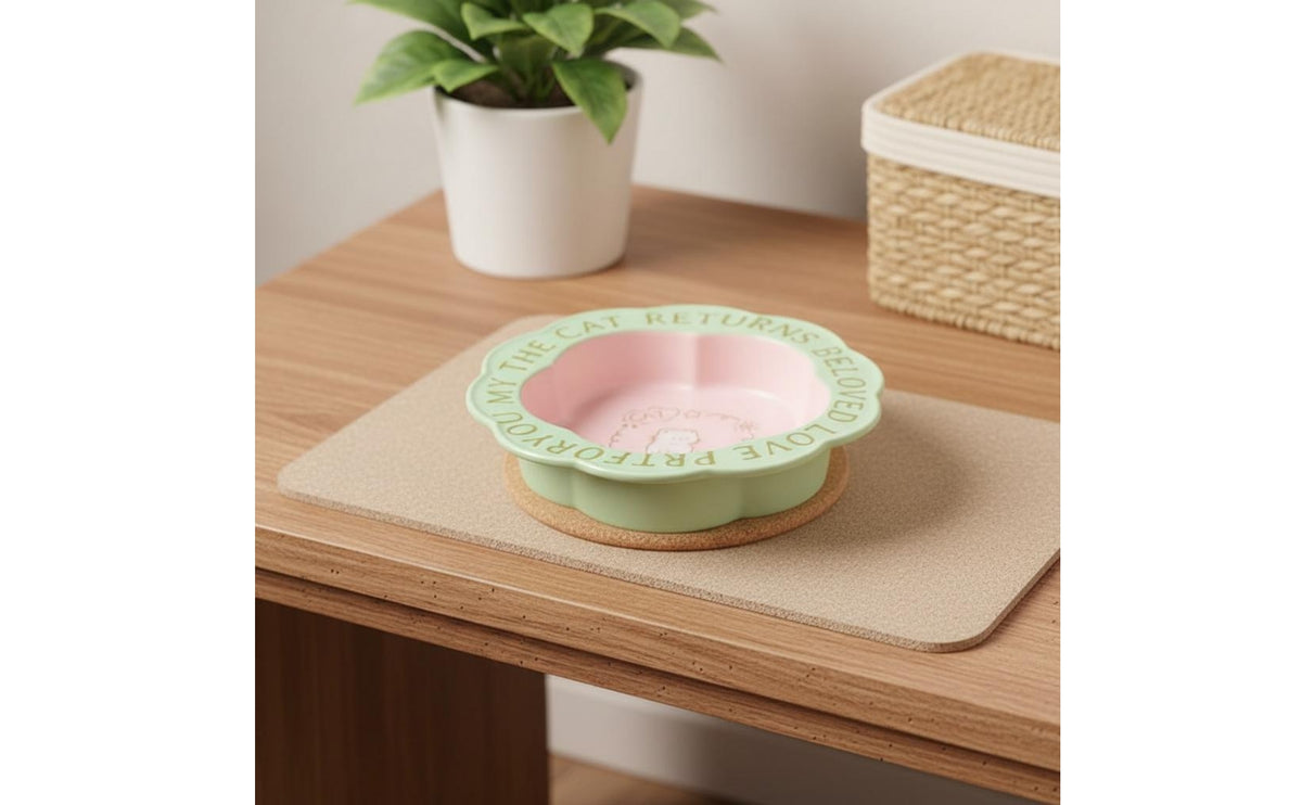 Flower Edge Cat Dish Anti-Tip Design Raised Ceramic Cat Bowl Easy to Clean High Foot Pet Bowl