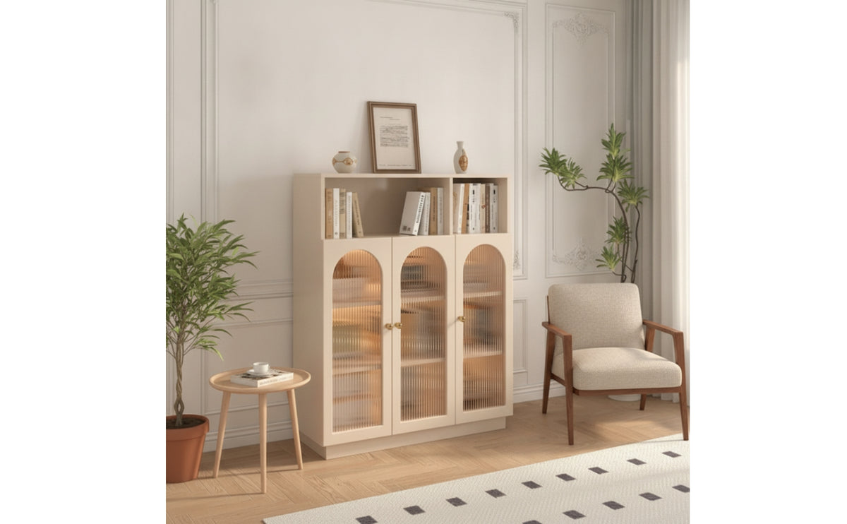 Bookcase with Glass Three-Door-Door Bookcase with Storage Cabinet Tall Display Cabinet with Glass Doors for Living Room, Study, Entryway