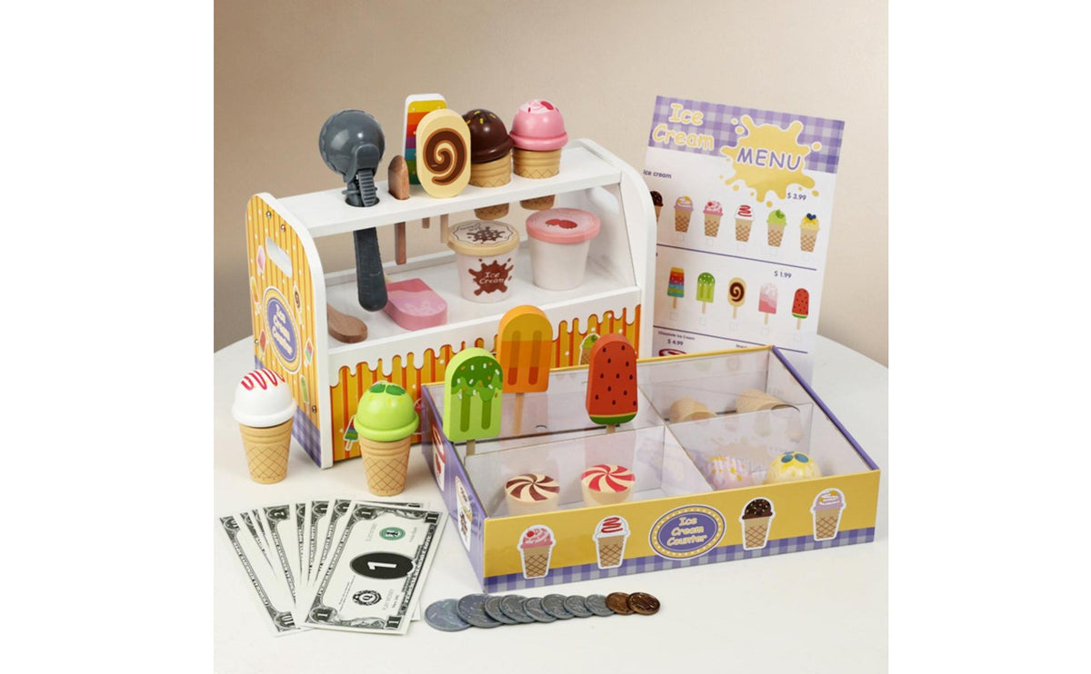 Ice Cream Shop Playset Role Play Pretend Ice sweet Educational Wooden Dessert Store for Kids, Young Children, Playroom, Preschool