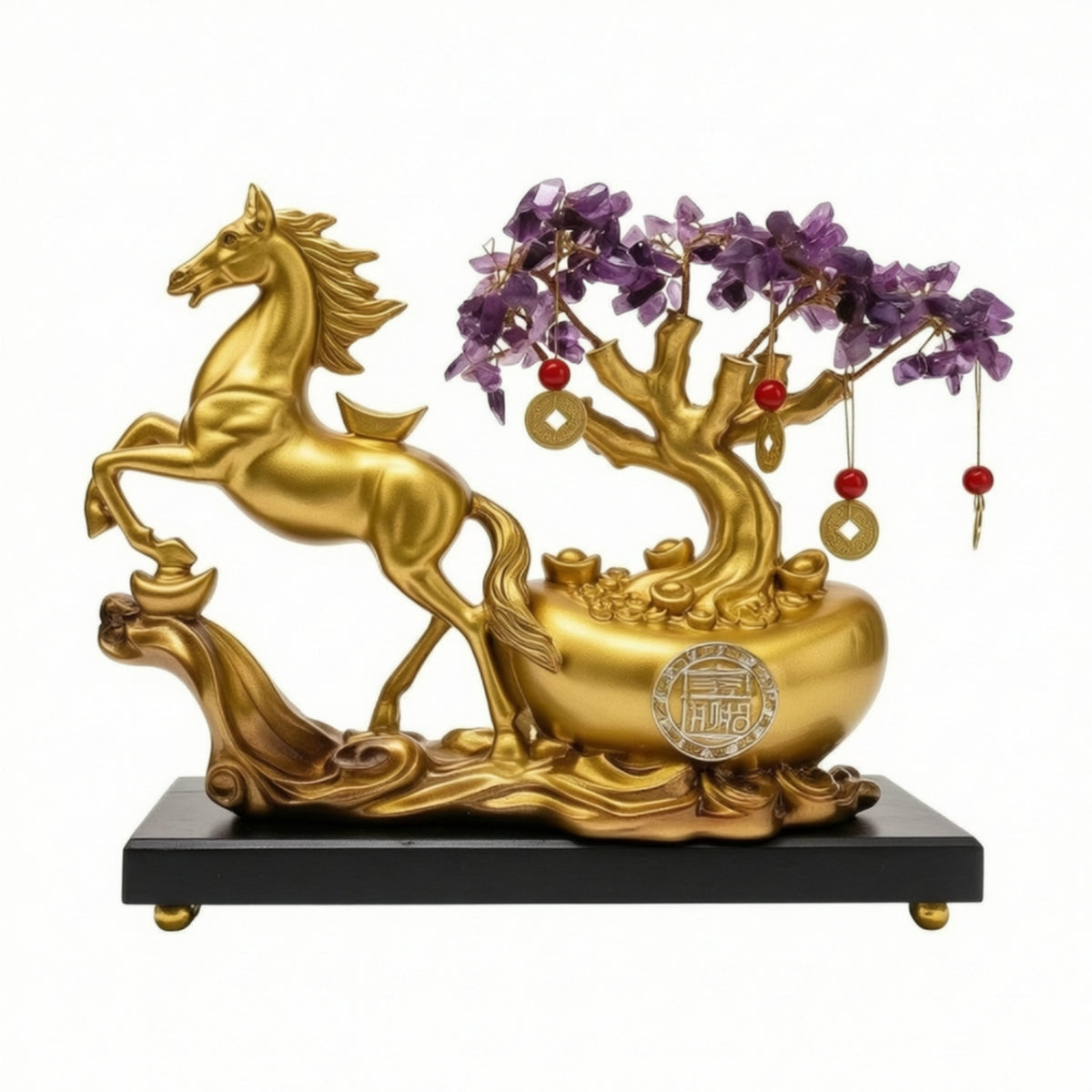 Horse Statue with saving Tree Golden-Tone Standing Horse Sculpture Auspicious Tabletop Ornament for Homeowners, Office, Entryway