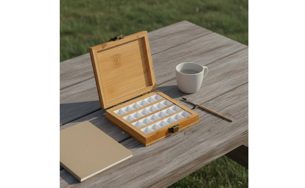 Empty Wooden Paint Box Removable Pans Bamboo Watercolor Case Compact Empty Watercolor Palette for Artists, Painters, Outdoor Painting