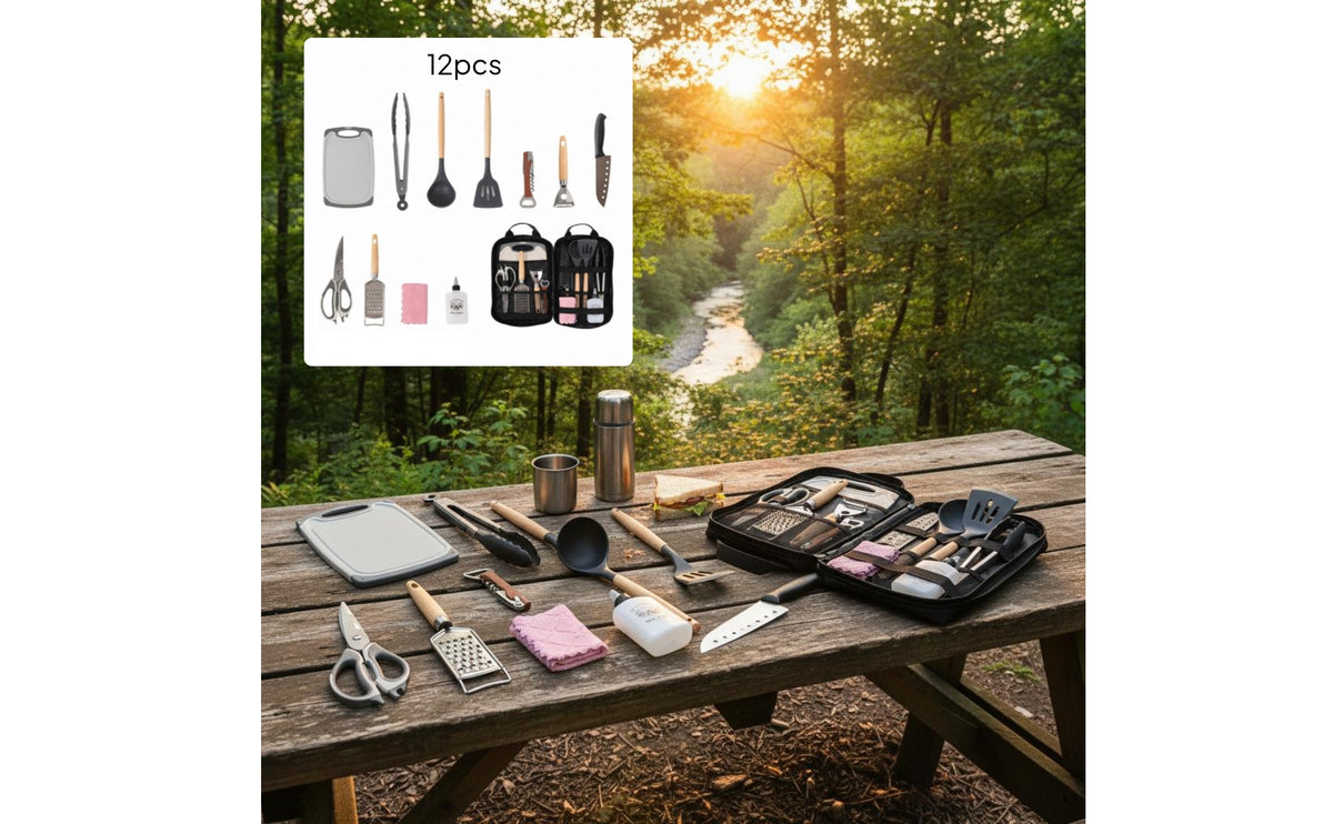 AllAll-in-1 Portable Camping Cookware Kit Storage Bag Included Portable Cooking Set Easy to Pack Camping Utensil Kit Space-Saving for Campers, Road Trippers
